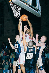 Tirek Gayle rising to the rim during a Vassar College basketball game