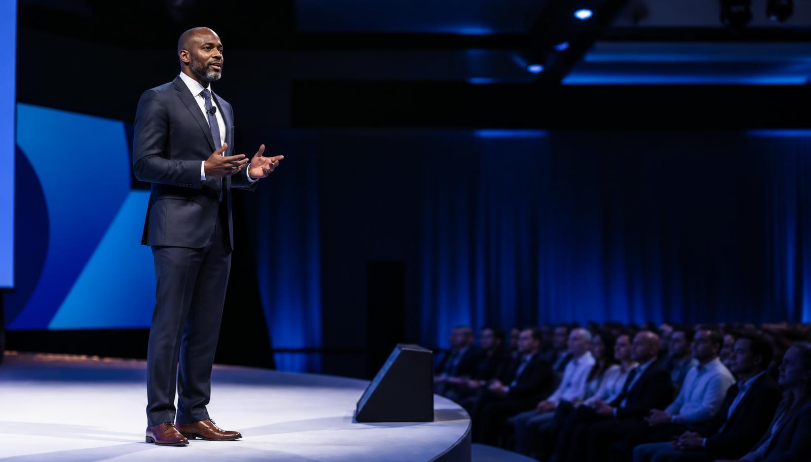 A speaker addressing a conference audience under blue stage lighting
